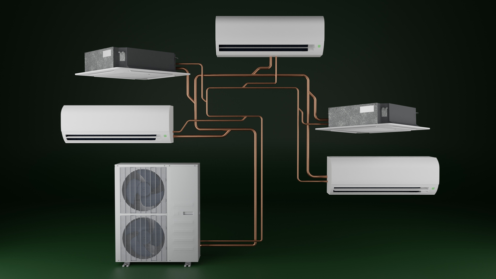 Multi system VRV air conditioning concept. One outdoor unit connected to several different indoor units