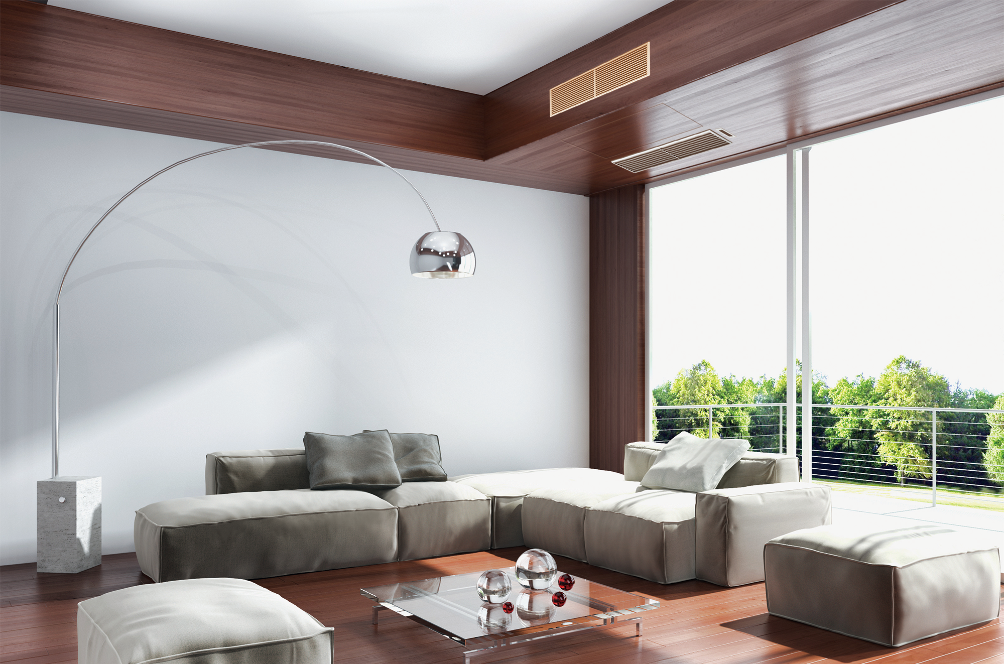 Stylish living room with bulkhead air conditioner vents installed.